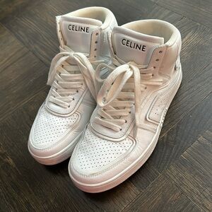 Used mint AUTHENTIC CELINE WHITE LEATHER high top sneakers with lace size 37
